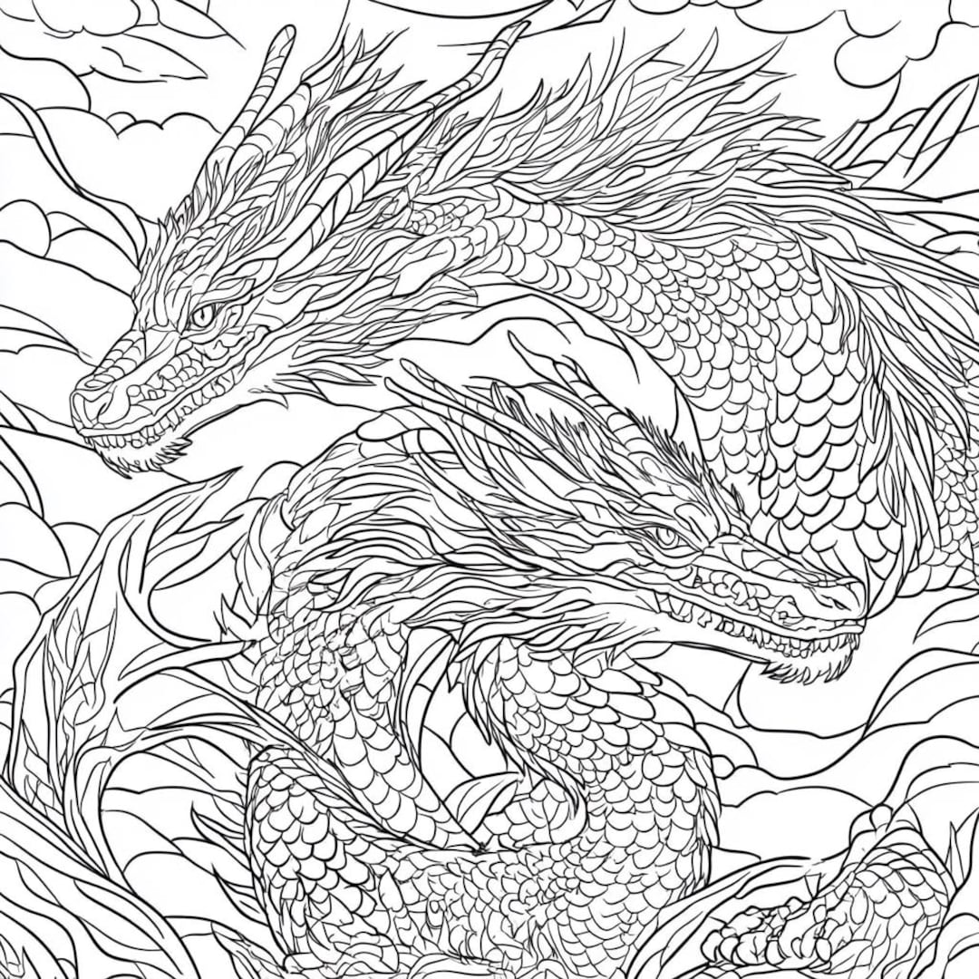 リアルなドラゴンの塗り絵 – 20枚の詳細な白黒イラスト – 印刷可能な
