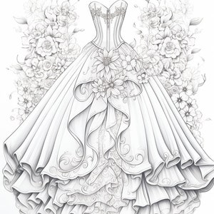 Puede incluir: Un dibujo de línea detallado de un vestido de novia con un escote de corazón y una falda completa. El vestido está adornado con intrincados diseños florales y detalles de encaje. La falda está en capas y tiene un aspecto fluido y romántico.