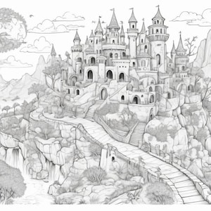 Puede incluir: Ilustración detallada en blanco y negro de un castillo encaramado en un acantilado rocoso. El castillo presenta múltiples torres, puertas arqueadas y un puente de piedra que conduce a la entrada. Montañas y árboles en el fondo.