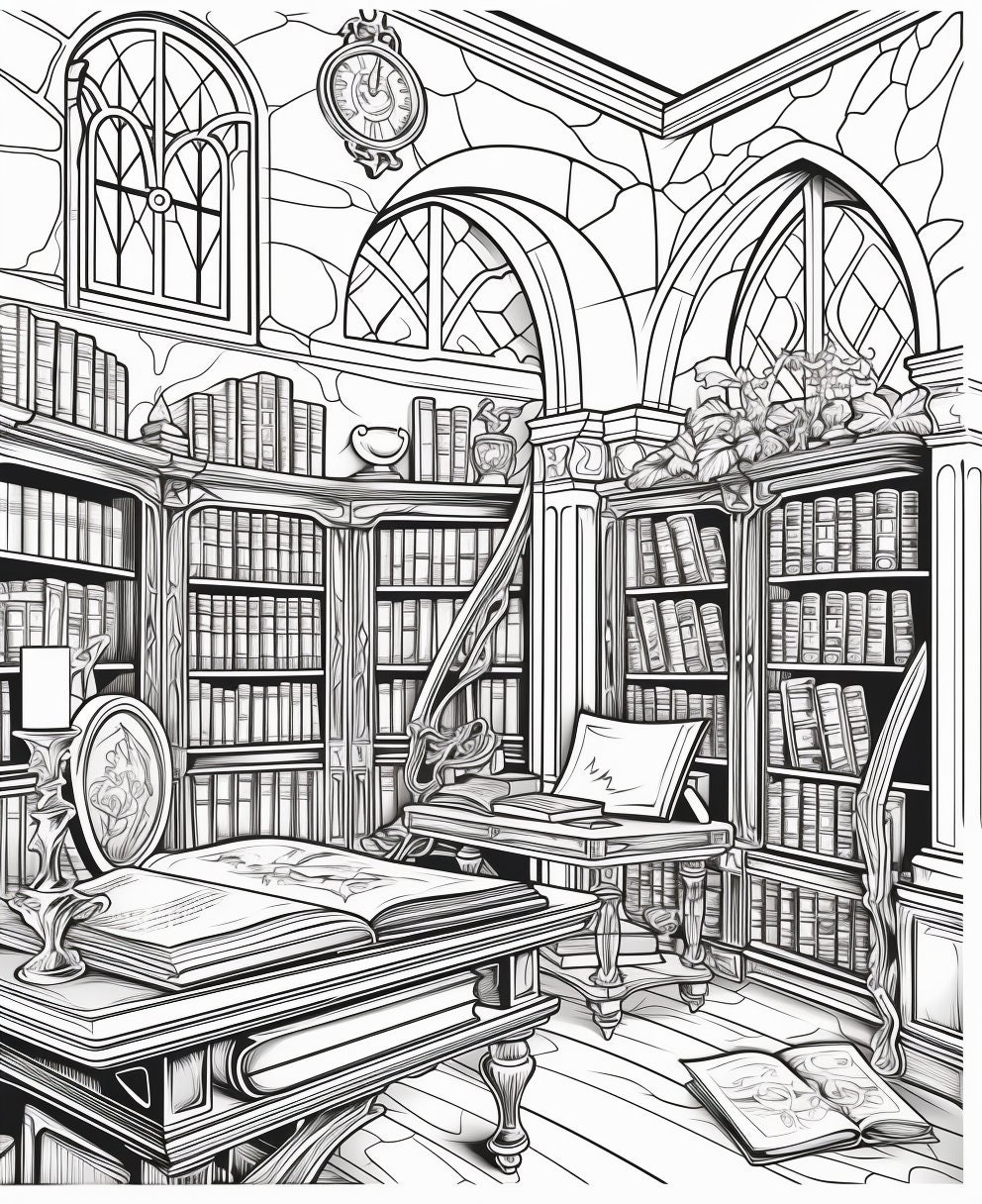 Enchanted Library Coloring Pages – 20 Digital PNG Drawings – Magical ...
