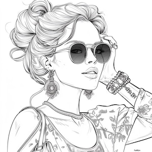 Puede incluir: Dibujo en blanco y negro de una mujer con el pelo recogido en un moño. Lleva gafas de sol, pendientes grandes y una blusa estampada. El dibujo es de estilo fashion.