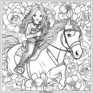 Dolls on Horses Coloring Pages – 20 Digital Drawings in PNG – Doll and Horse Illustrations