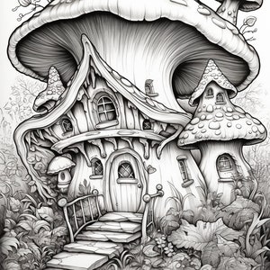 Hongos Casas Encantadas para Colorear – 20 Dibujos Digitales en PNG – Casas Mágicas en el Bosque