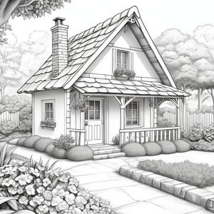 Puede incluir: Ilustración detallada en blanco y negro de una encantadora casa de campo. La casa de campo tiene un tejado a dos aguas, un pequeño porche y una chimenea. La escena está ambientada en un jardín con exuberante vegetación, un camino de piedra y una valla blanca, creando un ambiente tranquilo.