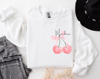 Ma Chérie Cherry Coquette Sweatshirt | Cute Aesthetic Crewneck | Trendy Women's Gift for Her | Cozy Stylish Pullover