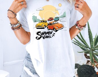 Sommerliches Retro-Auto-T-Shirt mit Sommer-Vibes, stückgefärbt, Geschenkidee für Vintage- und Oldtimer-Fans, Unisex-Sommer-Shirt mit Grafikprint für Sie und Ihn
