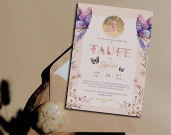 May include: A pink and white floral themed baptism invitation with butterflies and a photo of a baby girl. The invitation reads "Wir sind herzlich eingeladen zur Taufe von Sophia Sams Tag 24 Juli 2024".