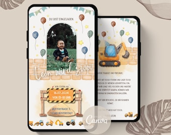 Digital birthday invitation excavator | Children's birthday | animated | Personalize tractor invitation | eCard for birthday | WhatsApp