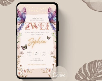 May include: A smartphone displays a birthday invitation. The design features butterflies, flowers, and the name "Sophia" in gold script. The invitation includes the date, July 24, 2024, and the text "Unser kleiner Schmetterling wird zwei".