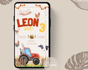 Digital invitation for children's birthday party farm | Theme party | Personalize digital invitation tractor | eCard for birthday | WhatsApp