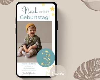 May include: A birthday invitation for a boy turning three years old. The invitation features a photo of a young boy wearing a brown hat and a green vest. The invitation is decorated with gold stars and the number three in a circle with a blue background. The text on the invitation reads "Noah FEIERT Geburtstag!" and includes the date, time, and location of the party. The invitation also includes the text "Made in Canva".