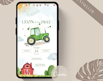 Digital invitation for a children's birthday party: tractor | Theme party | Personalize your digital invitation | Birthday eCard | WhatsApp