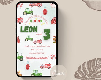 Digital invitation for children's birthday party tractor and fire brigade | Theme party | Personalize invitation | Birthday eCard | WhatsApp