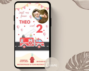 Digital birthday invitation firefighter style | Children's birthday party | Theme party | Personalize your digital invitation | Birthday eCard | WhatsApp