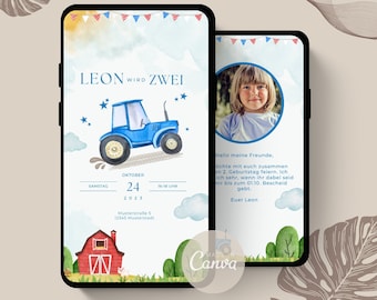 Digital tractor birthday invitation | Children's birthday party | animated | Personalize tractor invitation | Birthday eCard | WhatsApp