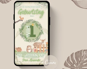 Tarjeta de invitación digital animales del bosque | Invitación cumpleaños infantil niña niño | Invitación digital temática de animales del bosque | Enviar tarjeta electrónica de cumpleaños