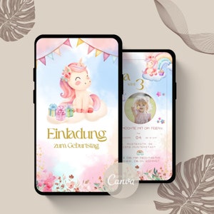 Digitale Einladung Kindergeburtstag | Einladungkarte Kindergeburtstag Einhorn | Digitale Einladung Einhorn gestalten |eCard Kindergeburtstag