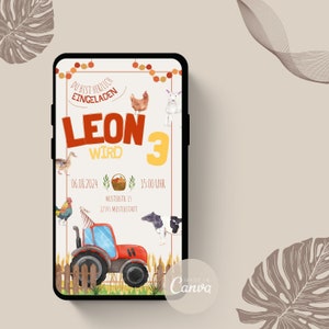 Invito digitale fattoria compleanno bambini | Festa a tema | Personalizza il trattore di invito digitale | eCard per il tuo compleanno | Whatsapp