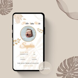 Annuncio di nascita digitale Boho | Invia annuncio di nascita WhatsApp | Annuncio di nascita personalizzato | nascita eCard | Tela per annunci di nascita