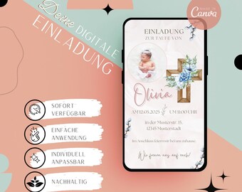 May include: A digital invitation for a baby's christening. The invitation features a photo of a baby girl, a wooden cross with blue flowers, and the text "Olivia" in pink script. The invitation also includes the date and time of the christening, the location, and the text "We freuen uns auf euch!" which translates to "We look forward to seeing you!"