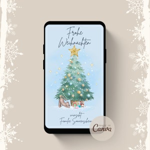 Digitale Weihnachtskarte mit weihnachtlicher Maus, Geschenke und Katze | Weihnachtskarte zum selber ausdrucken| Karte zum Verschenken