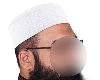 White Mens Premium Islamic Prayer Cap, Turban, Kufi Muslim.