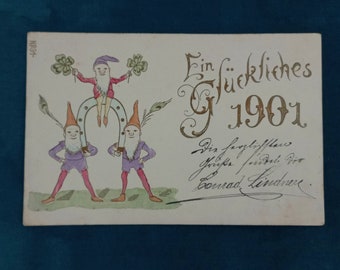 Carte postale "Ein glükliches 1901" - reliefs et décorations diffusés en 1900