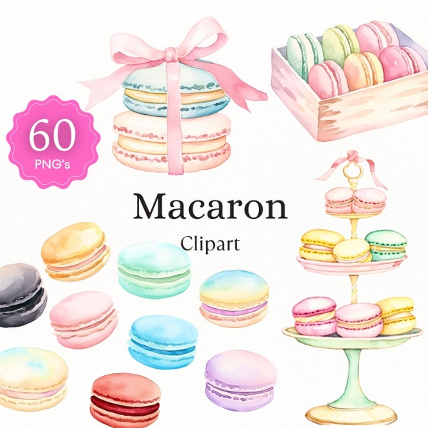 Bundle de cliparts macaron aquarelle - macarons PNG, clipart dessert, bonbons SVG, clipart anniversaire, pâtisserie, jolies invitations d'été, pastel