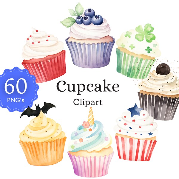 Watercolor Cupcake Clipart Bundle – Cupcakes PNG, Dessert Clip Art, Sweets SVG, Birthday Clipart, Pastel, Digital Download, Commercial Use