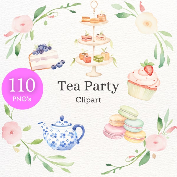 Cute Tea Party Clipart – Watercolor Tea Set, Teacup & Teapot Clip Art, Floral Frame PNG, Invitation, Scrapbooking, Cricut, Digital Download