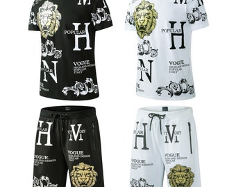 Neue Herren Jungen Baumwolle T-Shirt Shorts Set LION PRINT Sommer Kurzer Anzug