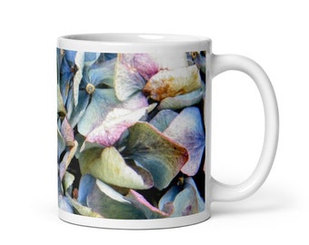 Hydrangea mug - Image of dried hydrangea flowers in pastel blues and purples - Faded floral coffee mug gift