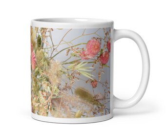 Dried flowers mug 11oz - White ceramic mug with pale pink dried flowers image for coffee or tea - Botanical photo floral picture cup