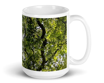 Forest trees mug - Large white ceramic 15oz mug with green leaves image - Woodland oak tree gift - Woods nature cup