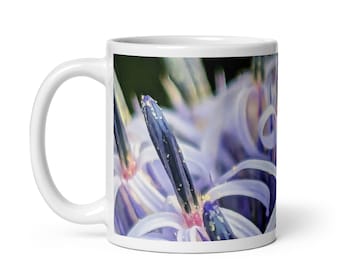 Echinops flower mug Offer - White ceramic mug with vibrant blue purple flowers image - Unusual gift idea for gardener