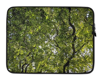 Oak tree design laptop case 15" with nature image - Green forest neoprene cover - Sleeve with leaves photo - Woodland oak leaf gift