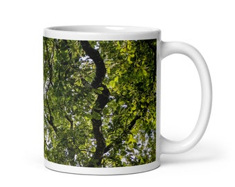 Forest leaves mug - White ceramic 11oz mug with green leaf image - Woodland oak tree gift - Woods nature photo cup for home decor