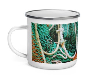 Fishing mug - Fisherman's metal mug - Nautical seaside enamel cup - Colourful fishing gift for boat or outdoors by the sea