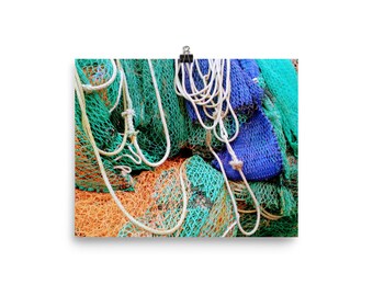 Fishing nets poster small 8" x 10" with blue nets image - Vibrant nautical photo - Exclusive seaside picture - Maritime wall art home decor