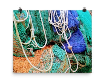 Fishing nets poster 16" x 20" with blue nets image - Vibrant nautical photo - Exclusive seaside picture - Maritime wall art home decor gift