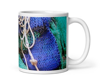 Fishing mug - White ceramic mug with blue nets image - Nautical picture gift for him - Seaside photo cup - Gifts for men