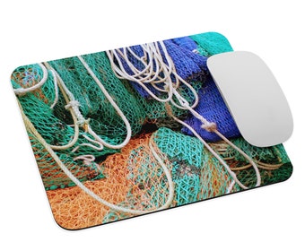 Fishing nets mouse pad - Computer mouse mat with blue nets image - Nautical picture gift for him - Seaside photo - Maritime gifts for men