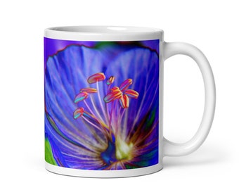 Geranium mug - Meadow Cranesbill blue flower design ceramic coffee mug - Unusual vivid floral gift