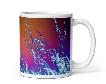 Vibrant sunset mug with unusual colourful grasses and sky image - Funky coffee mug gift