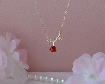 Rose Necklace, 18K Gold filled Red Rose Necklace, Simple Necklace, everyday necklace, valentines necklace for her, valentines gift
