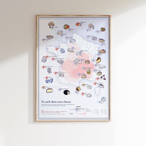 Käse Poster, Frankreich in Daten, Lebensmittel Druck, Küchendekor, Illustration für Leinwand, Küchenwandkunst, Käseführer