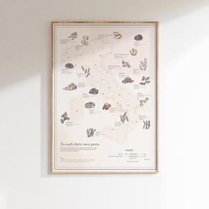 May include: A map of Italy showing the different types of pasta that are popular in each region. The map is beige with brown lines and brown text. The pasta is illustrated in brown and beige. The text at the bottom of the map reads "To each their own pasta".