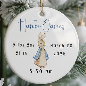 Personalized baby boy bunny ornament with name and birth details