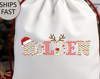 Personalized Santa Sack with Name, Kids Christmas Present Bag, Custom Santa Gift Bag, Holiday Drawstring Sack, Christmas Bag for Kids