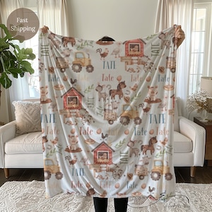 Personalized Farm Animal Baby Blanket with Name – Soft Nursery Lovey, Baby Shower Gift, Custom Farm Animal Name Blanket